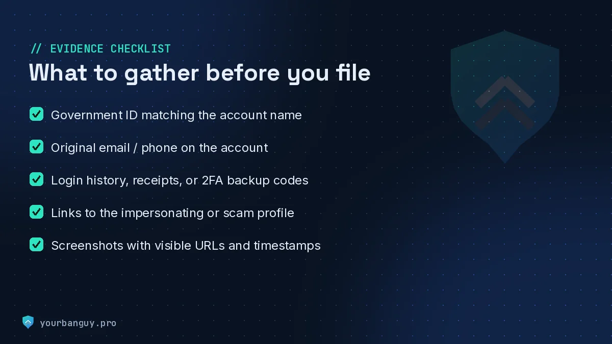 Evidence checklist for recovering a hacked account: ID, original email, login history, and screenshots
