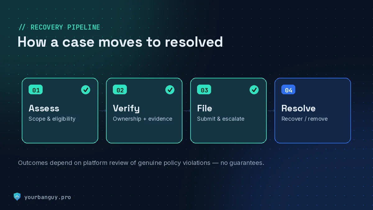 Recovery pipeline diagram: assess, verify, file, and resolve a case