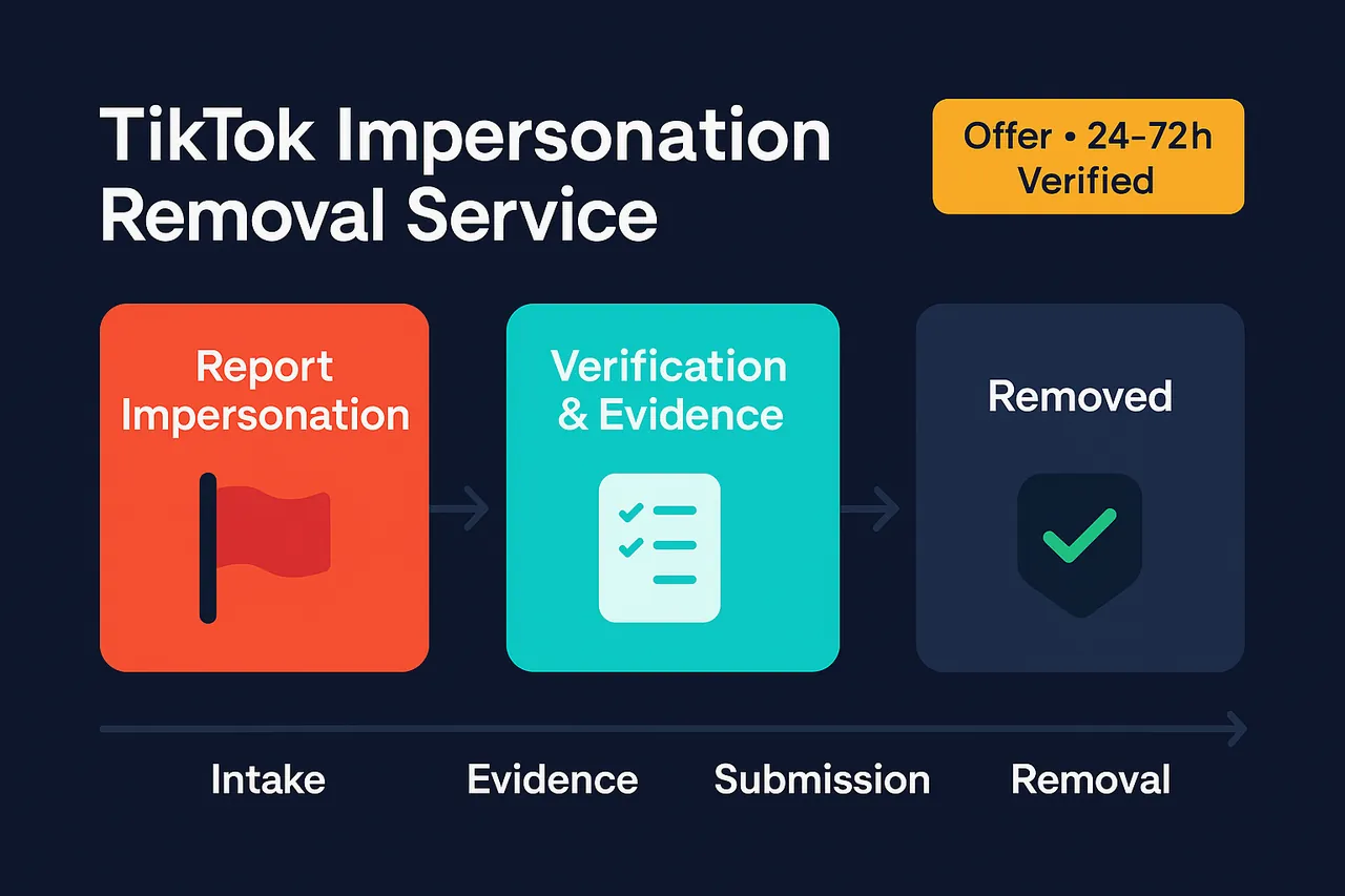 A TikTok impersonation case file with the screenshots and identity proof a ban service filing requires.