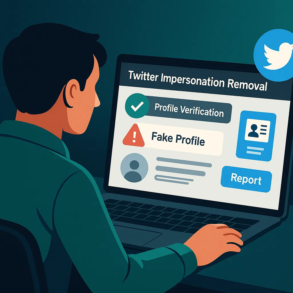 X impersonation report screen — the route used when a Twitter account takedown targets a fake-you profile rather than a copyright issue.