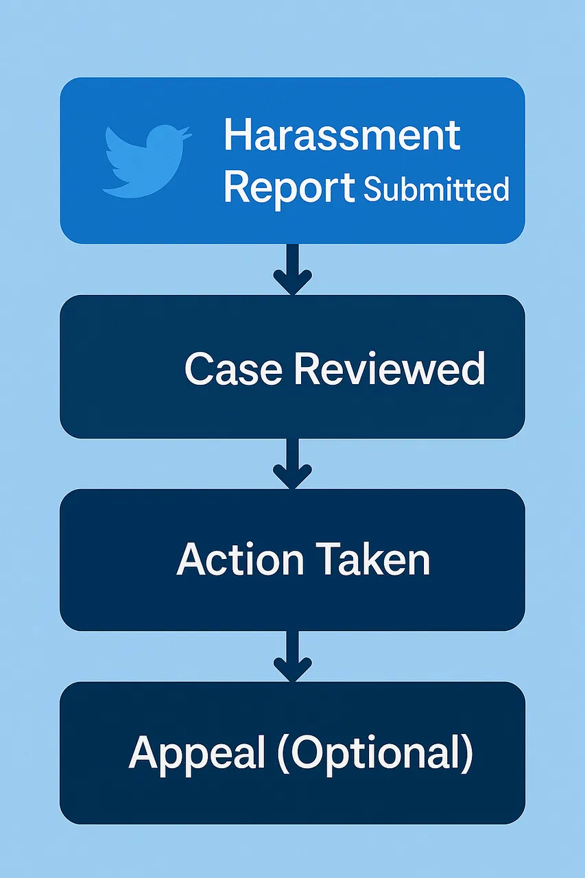 Resolution stages after a mass report bot X filing — initial review, escalation, decision, and appeal window.